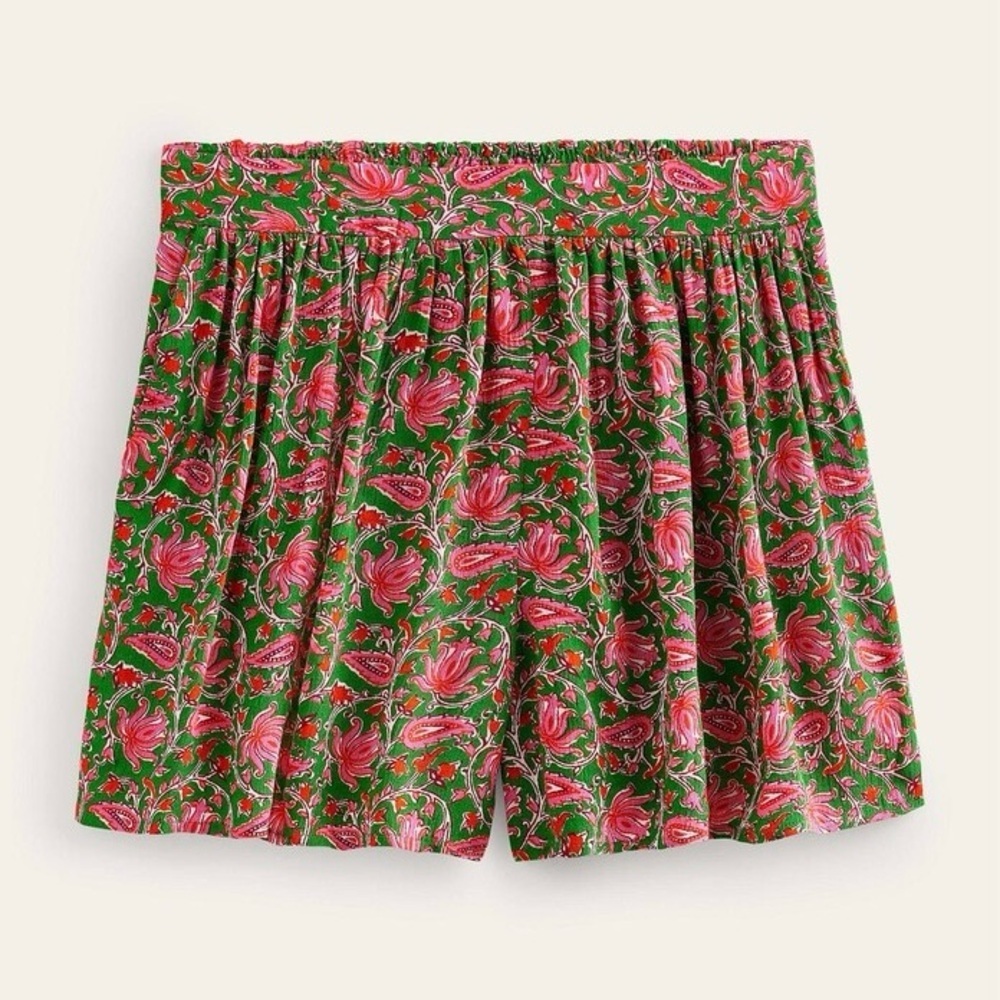 Boden Paisley Crinkle Pull-On Shorts Flat Front Elastic Waist Pink Green Sz 4
